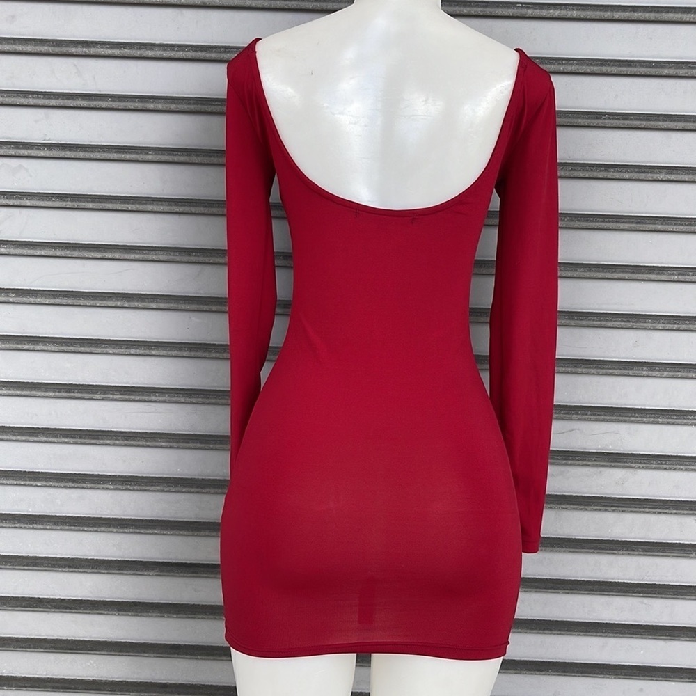 HAODUOYI Red Scoop Neck Long Sleeve Open Back Bodycon Mini Dress Size XS